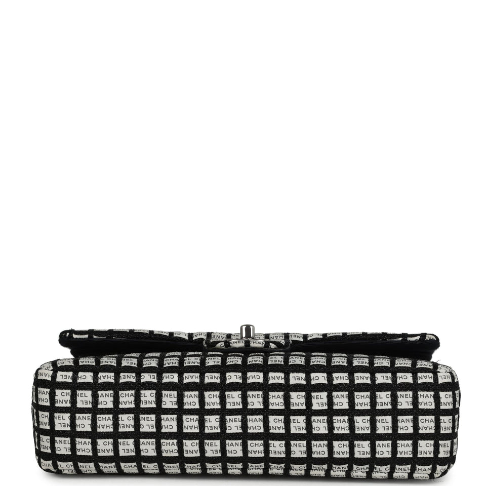 Chanel Medium Logo Ribbon Classic Double Flap Bag White and Black Canvas and Tweed Silver Hardware
