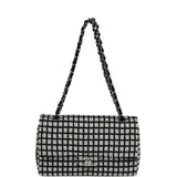 Chanel Medium Logo Ribbon Classic Double Flap Bag White and Black Canvas and Tweed Silver Hardware