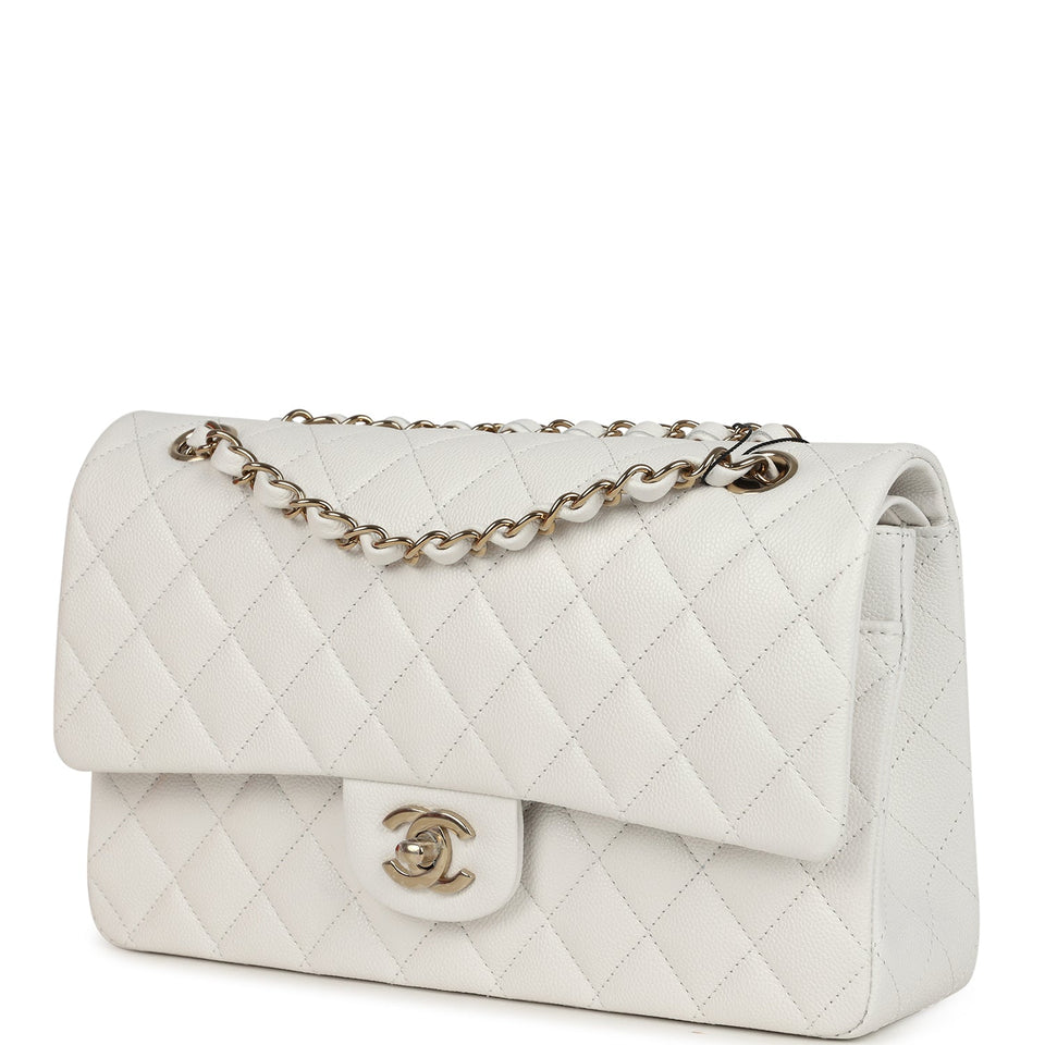 Chanel Medium Classic Double Flap White Caviar Light Gold Hardware