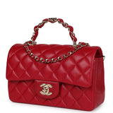 Chanel Mini Rectangular Flap Bag with Interwoven Top Handle Red Lambskin Light Gold Hardware