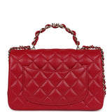 Chanel Mini Rectangular Flap Bag with Interwoven Top Handle Red Lambskin Light Gold Hardware