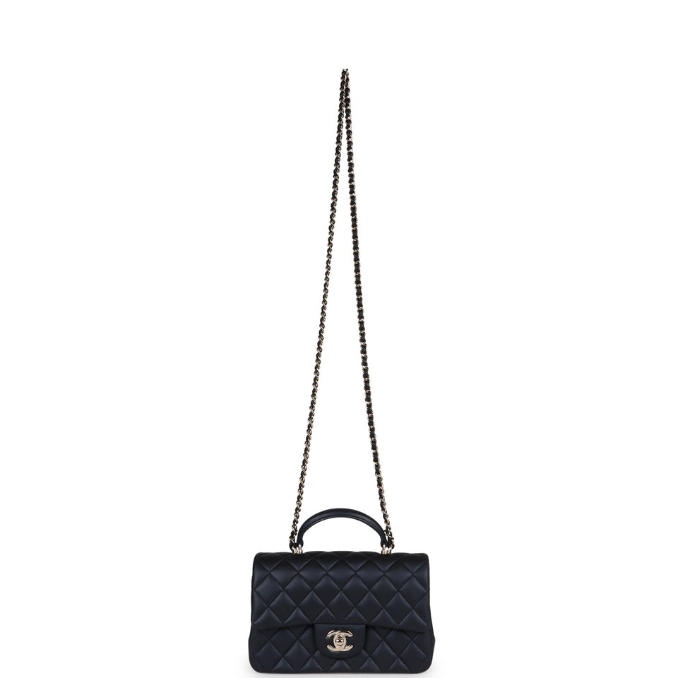 Chanel Mini Rectangular Flap Bag with Top Handle Dark Blue Lambskin Light Gold Hardware