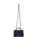 Chanel Mini Rectangular Flap Bag with Top Handle Dark Blue Lambskin Light Gold Hardware
