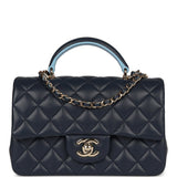 Chanel Mini Rectangular Flap Bag with Top Handle Dark Blue Lambskin Light Gold Hardware