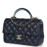 Chanel Mini Rectangular Flap Bag with Top Handle Dark Blue Lambskin Light Gold Hardware