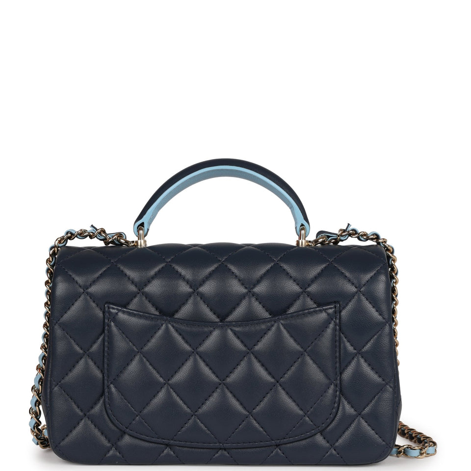 Chanel Mini Rectangular Flap Bag with Top Handle Dark Blue Lambskin Light Gold Hardware