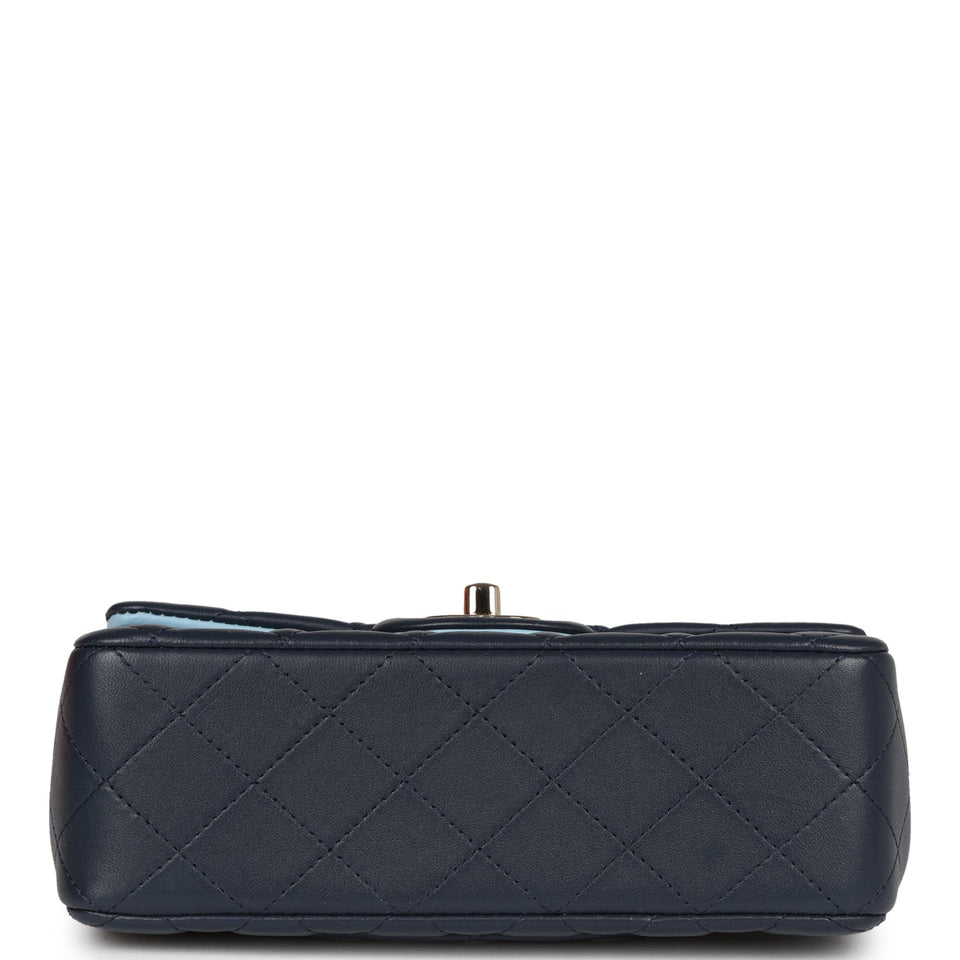 Chanel Mini Rectangular Flap Bag with Top Handle Dark Blue Lambskin Light Gold Hardware