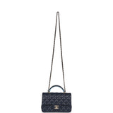 Chanel Mini Rectangular Flap Bag with Top Handle Dark Blue Lambskin Light Gold Hardware