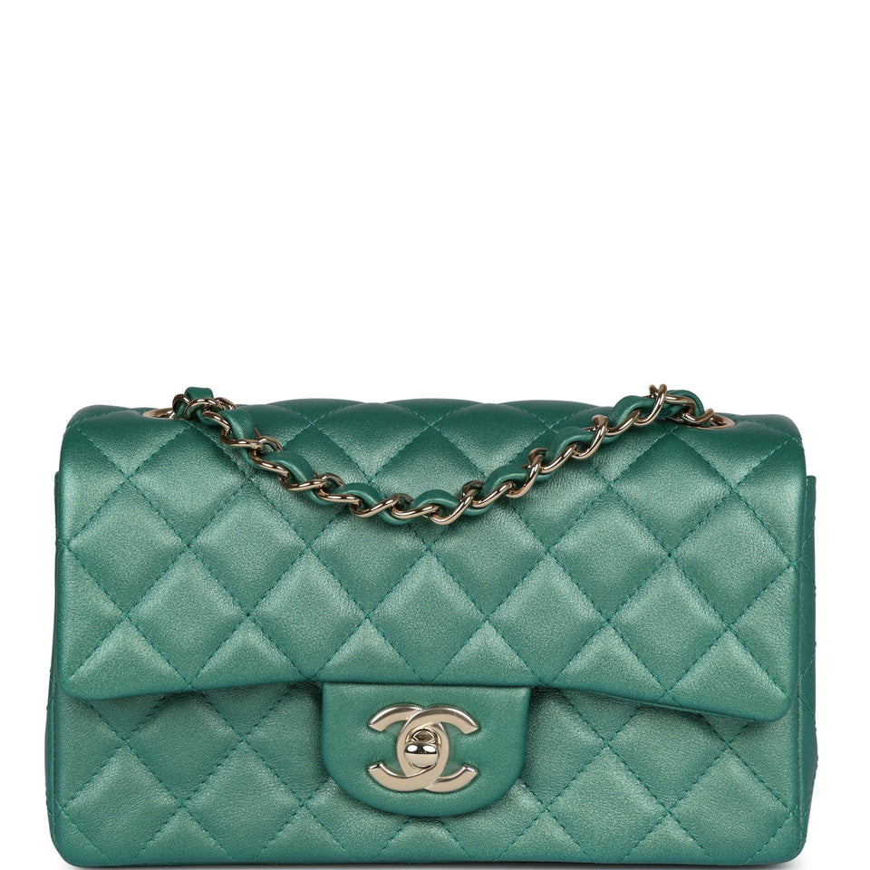 Chanel Mini Classic Rectangular Flap Iridescent Green Lambskin Light Gold Hardware