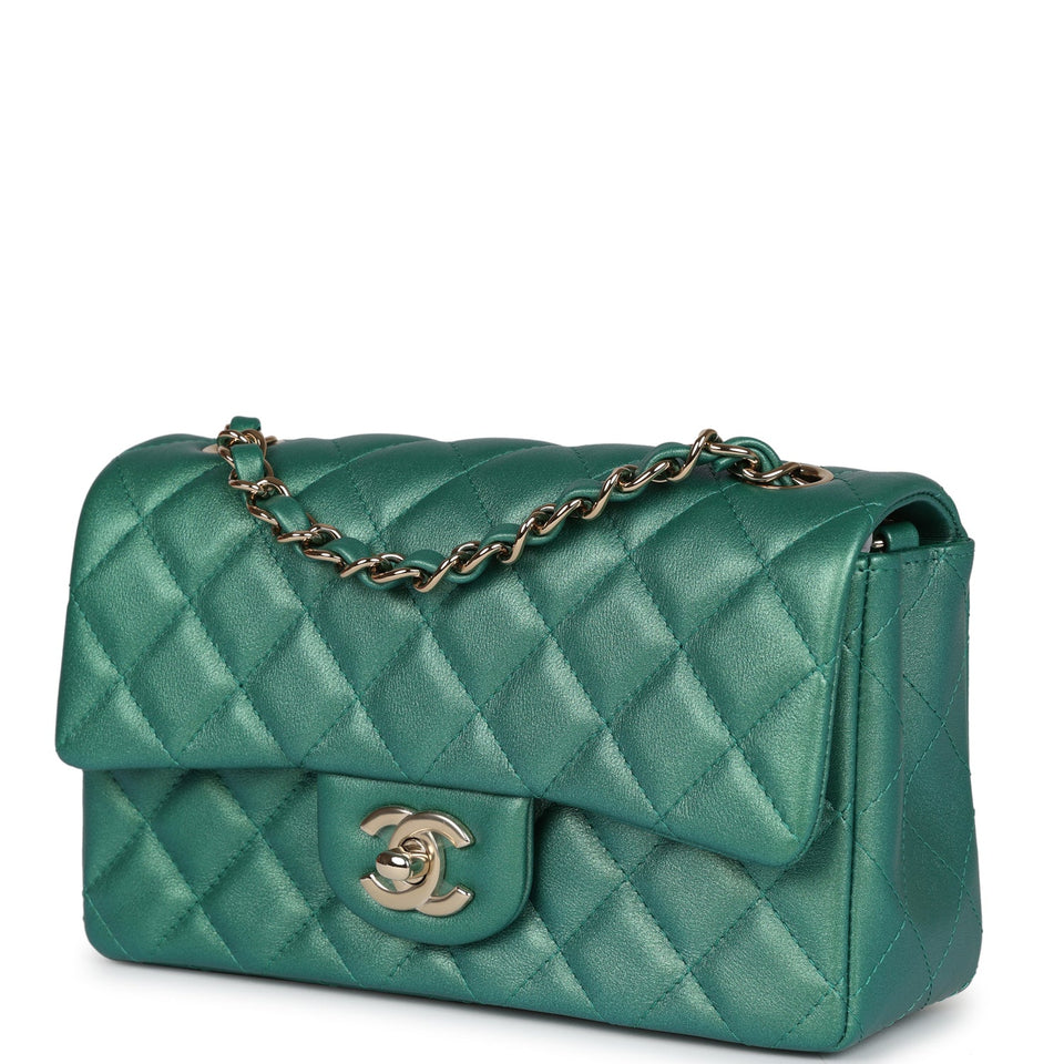 Chanel Mini Classic Rectangular Flap Iridescent Green Lambskin Light Gold Hardware