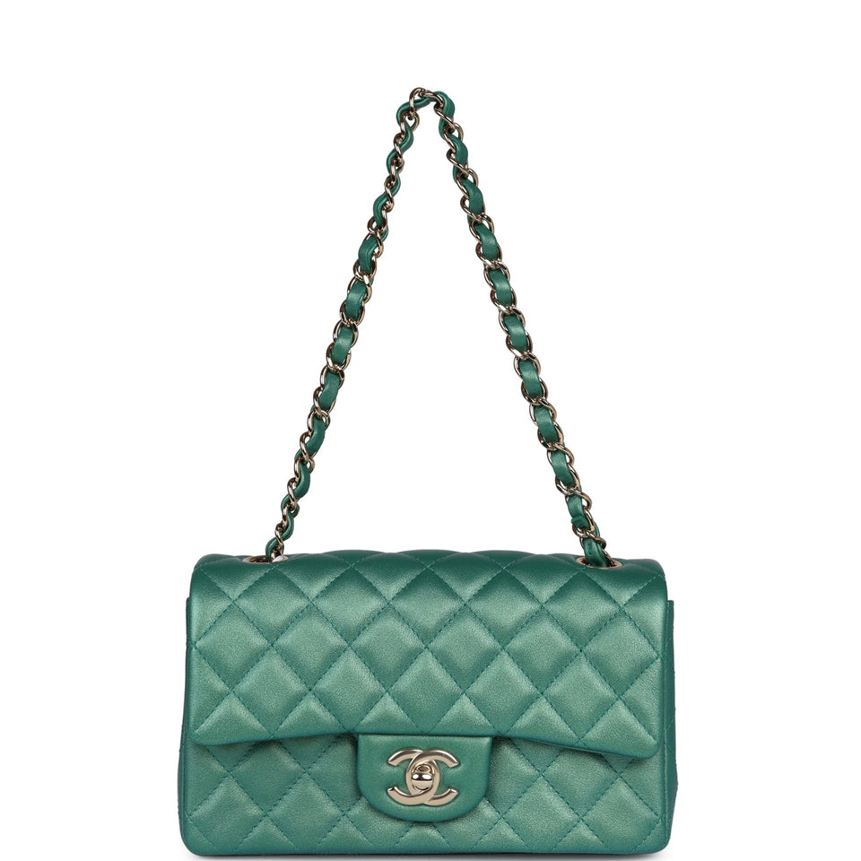 Chanel Mini Classic Rectangular Flap Iridescent Green Lambskin Light Gold Hardware