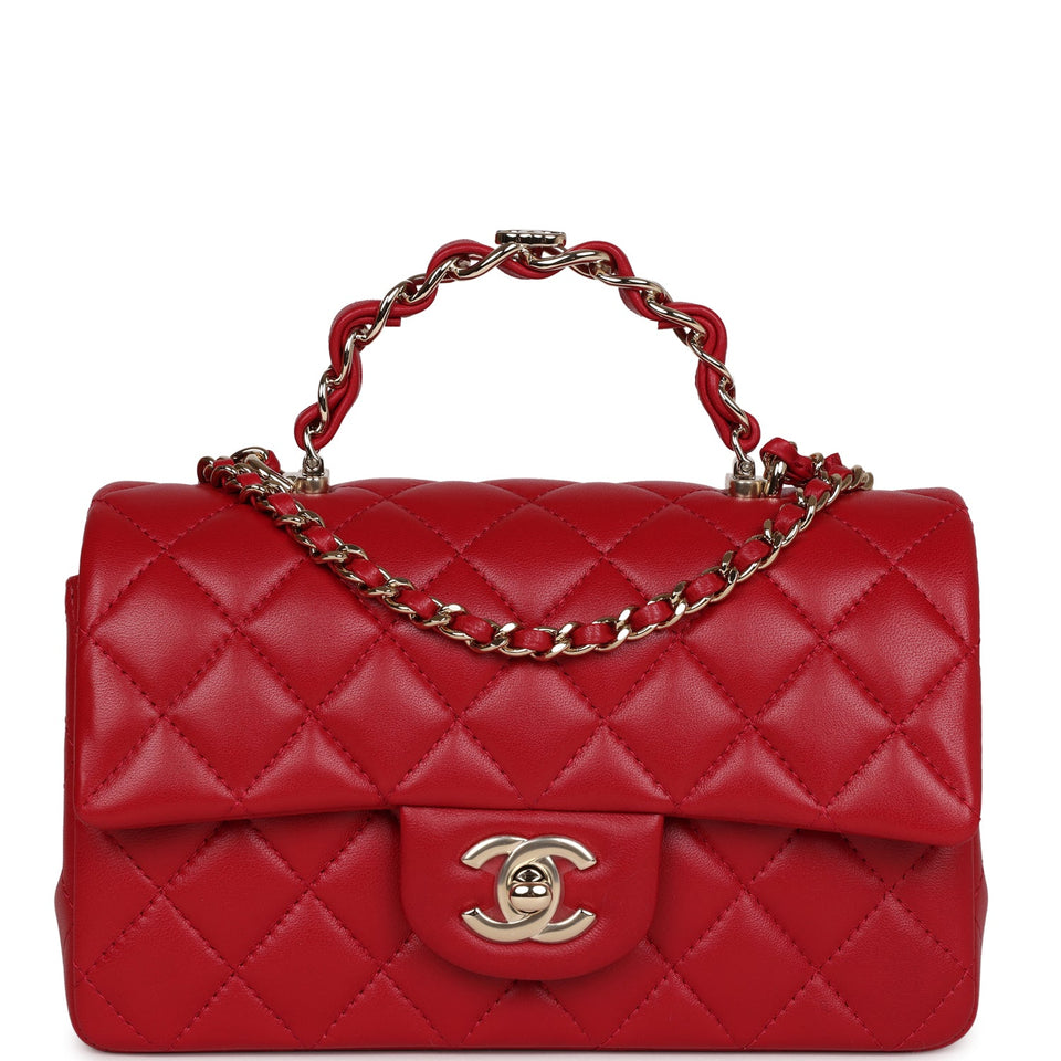 Chanel Mini Rectangular Flap with Top Handle Red Lambskin Light Gold Hardware