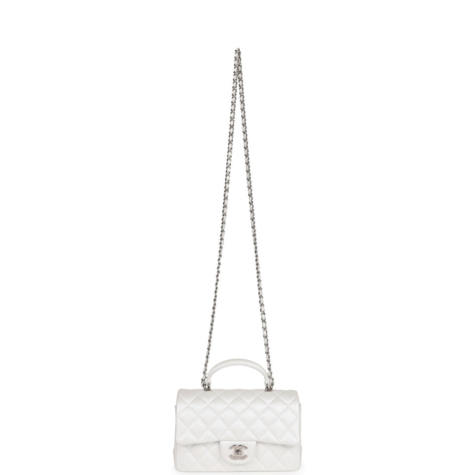 Chanel Mini Rectangular Top Handle Flap Bag White Iridescent Caviar Silver Hardware