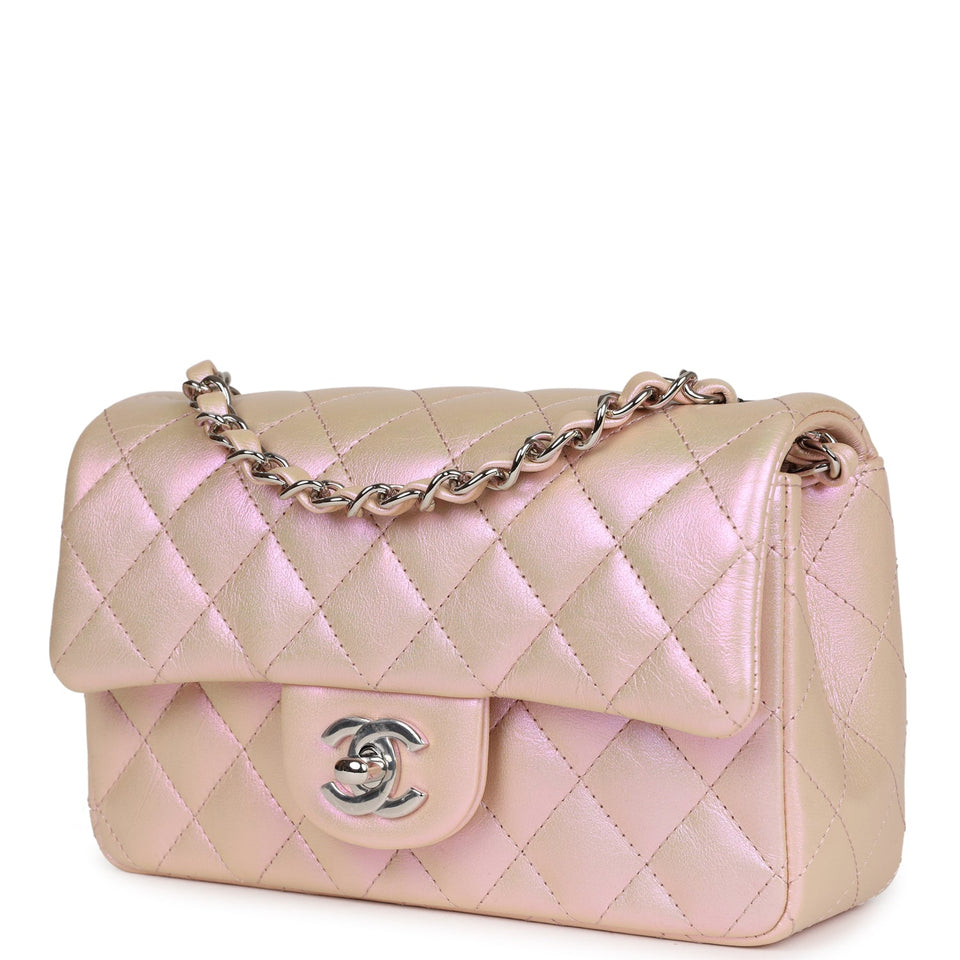 Chanel Mini Rectangular Flap Bag Pink Iridescent Calfskin Silver Hardware