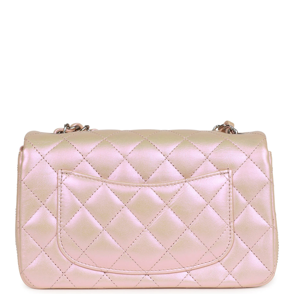 Chanel Mini Rectangular Flap Bag Pink Iridescent Calfskin Silver Hardware