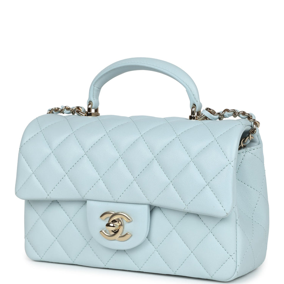 Chanel Mini Rectangular Flap with Top Handle Light Blue Lambskin Light Gold Hardware