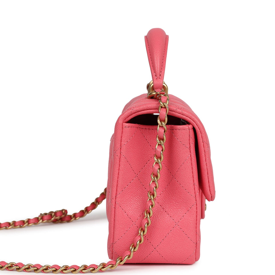 Chanel Mini Rectangular Flap with Top Handle Hot Pink Caviar Antique Gold Hardware