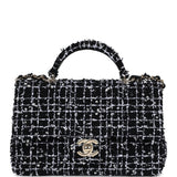 Chanel Mini Rectangular Top Handle Flap Black and White Sequin Tweed Light Gold Hardware