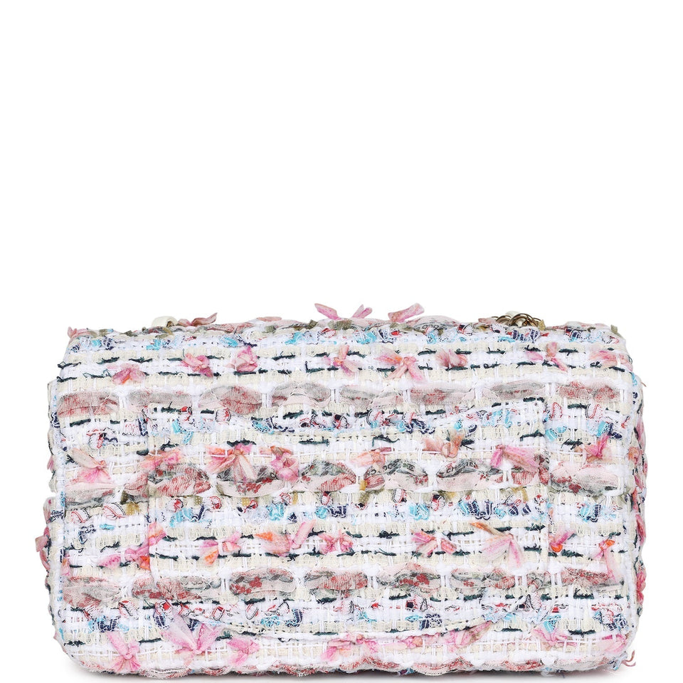 Chanel Mini Rectangular Flap Bag White Multicolored Tweed Light Gold Hardware