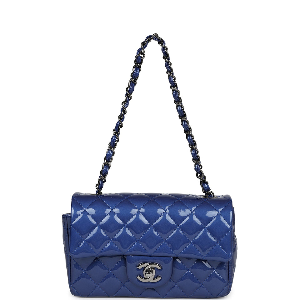 Chanel Mini Rectangular Flap Bag Blue Patent Ruthenium Hardware