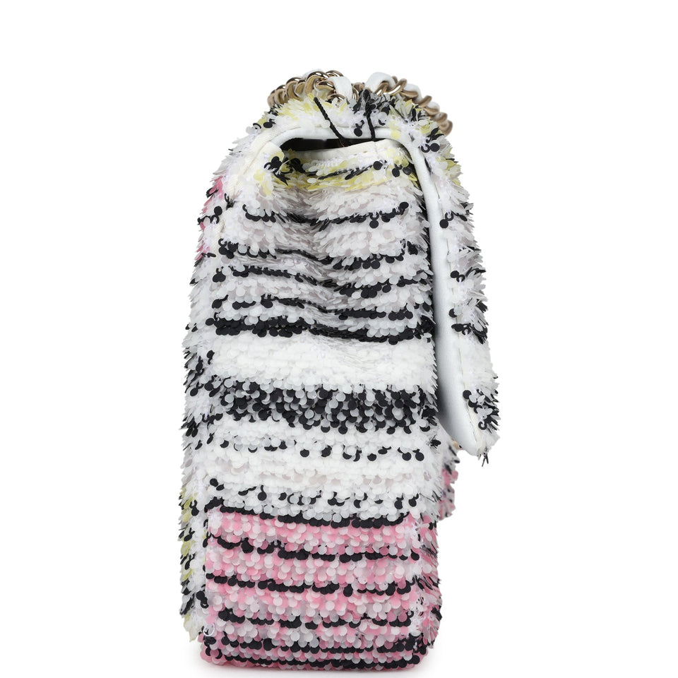 Chanel Mini Rectangular Flap White Multicolor Sequin Light Gold Hardware
