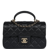 Chanel Mini Rectangular Flap with Top Handle Black Lambskin Light Gold Hardware