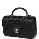 Chanel Mini Rectangular Flap with Top Handle Black Lambskin Light Gold Hardware