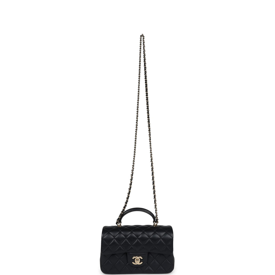 Chanel Mini Rectangular Flap with Top Handle Black Lambskin Light Gold Hardware