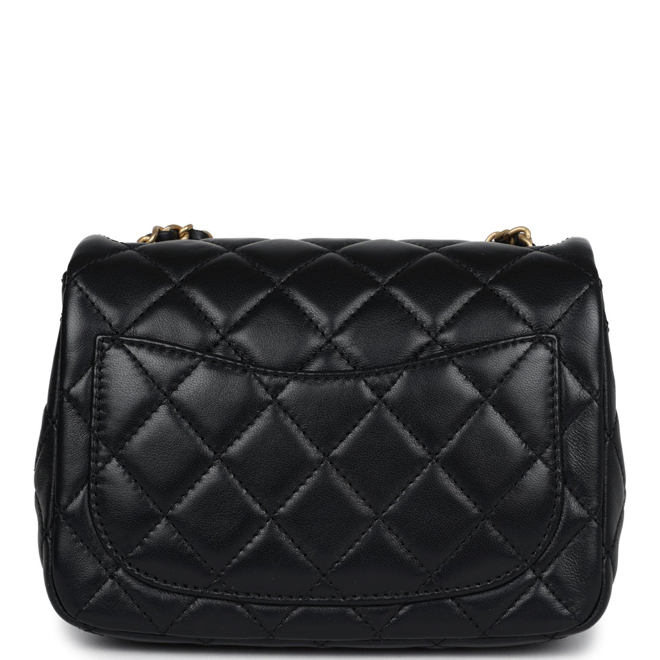 Chanel Mini Square Pearl Crush Flap Bag Black Lambskin Antique Gold Hardware