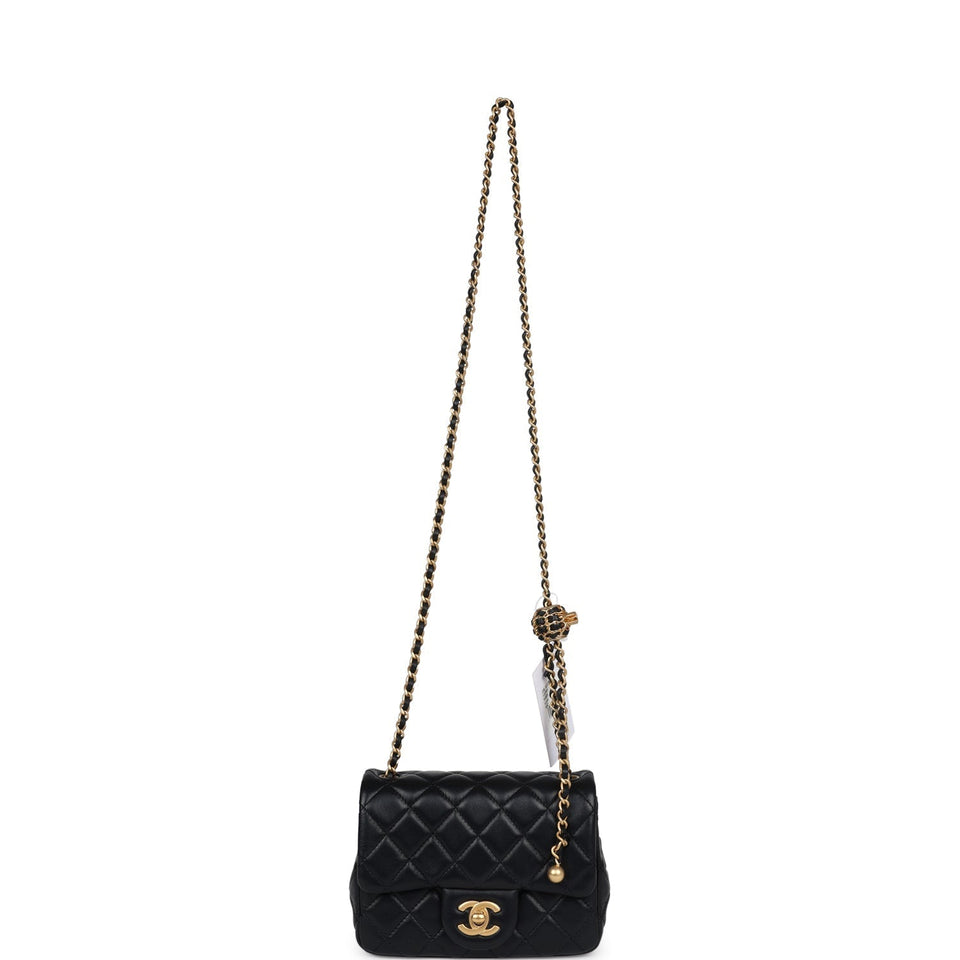 Chanel Mini Square Pearl Crush Flap Bag Black Lambskin Antique Gold Hardware