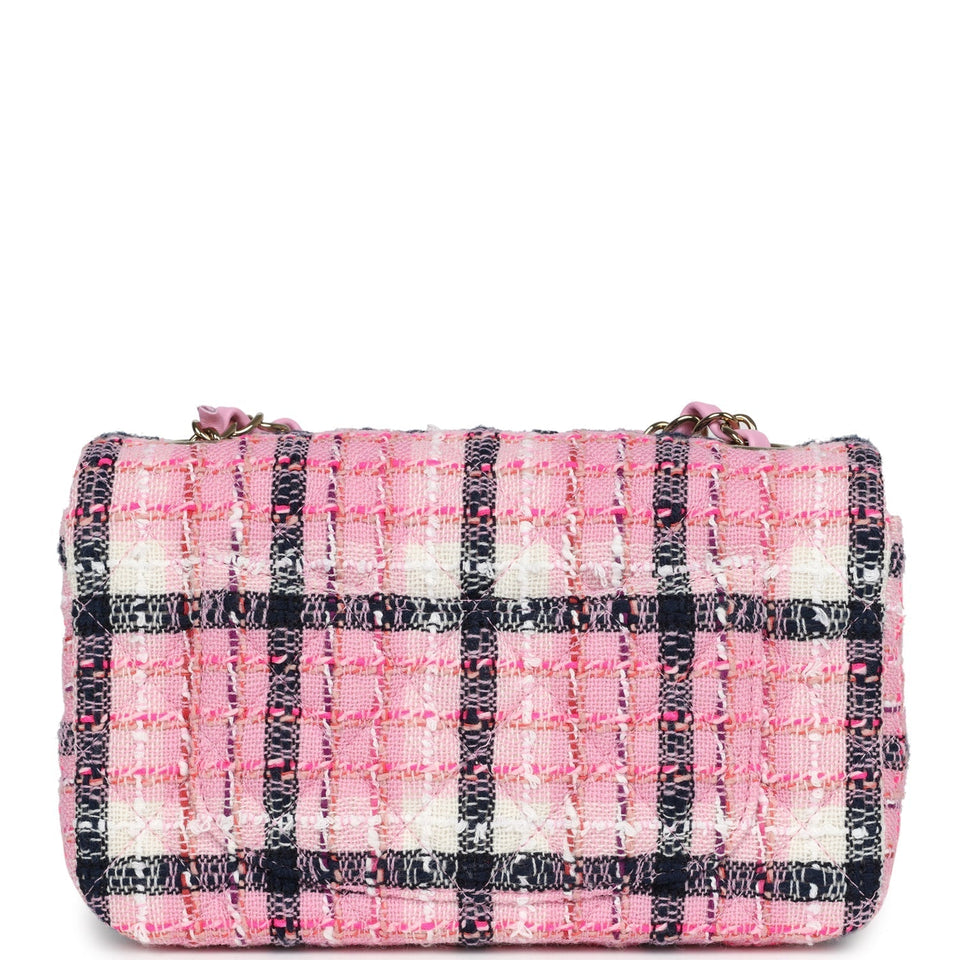 Chanel Mini Rectangular Flap Bag Pink, White and Black Tweed Light Gold Hardware