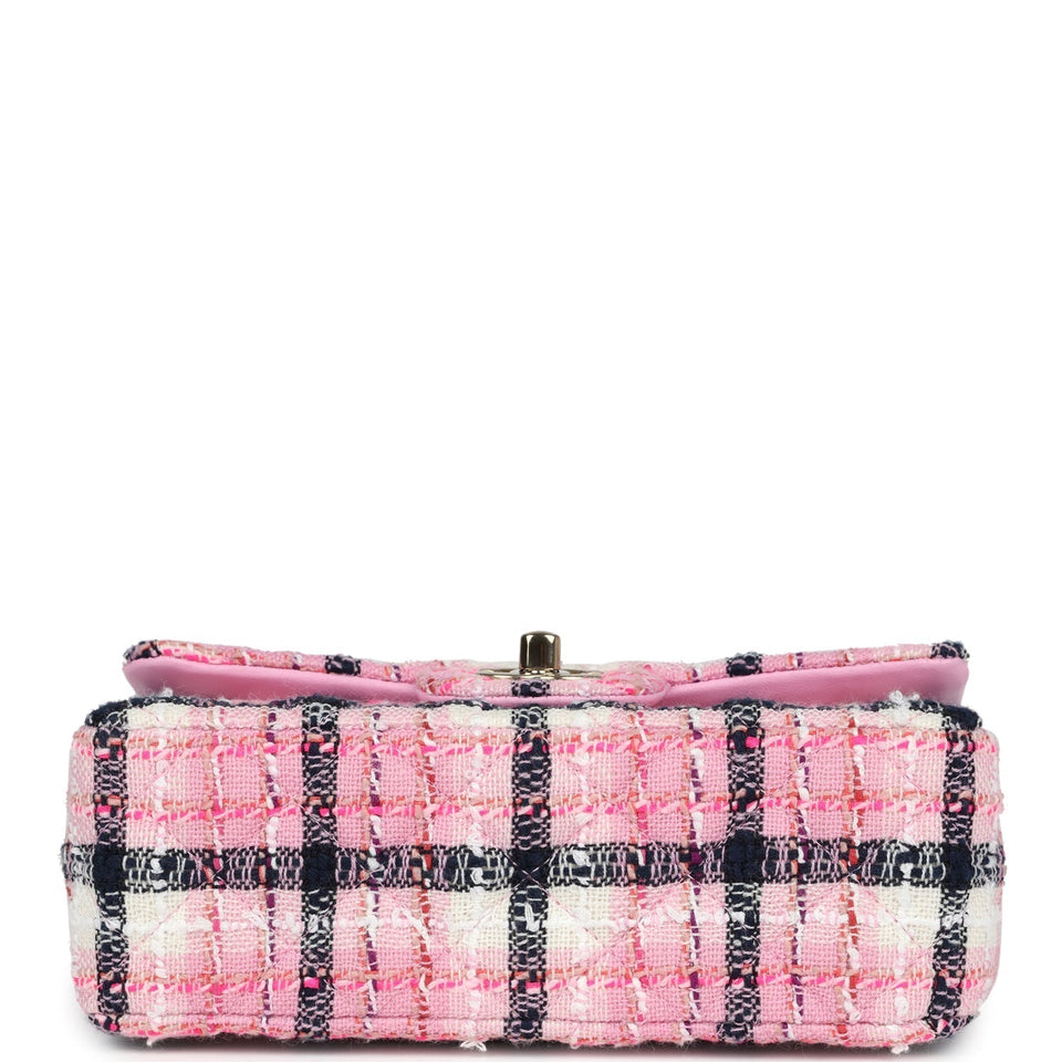 Chanel Mini Rectangular Flap Bag Pink, White and Black Tweed Light Gold Hardware