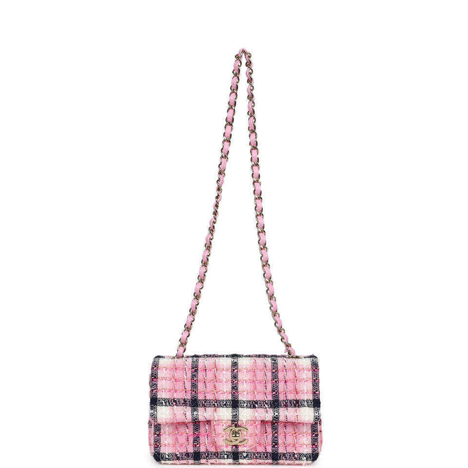 Chanel Mini Rectangular Flap Bag Pink, White and Black Tweed Light Gold Hardware