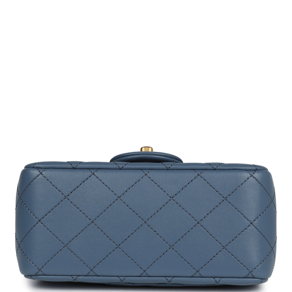 Chanel Mini Square Pearl Crush Flap Blue Lambskin Antique Gold Hardware