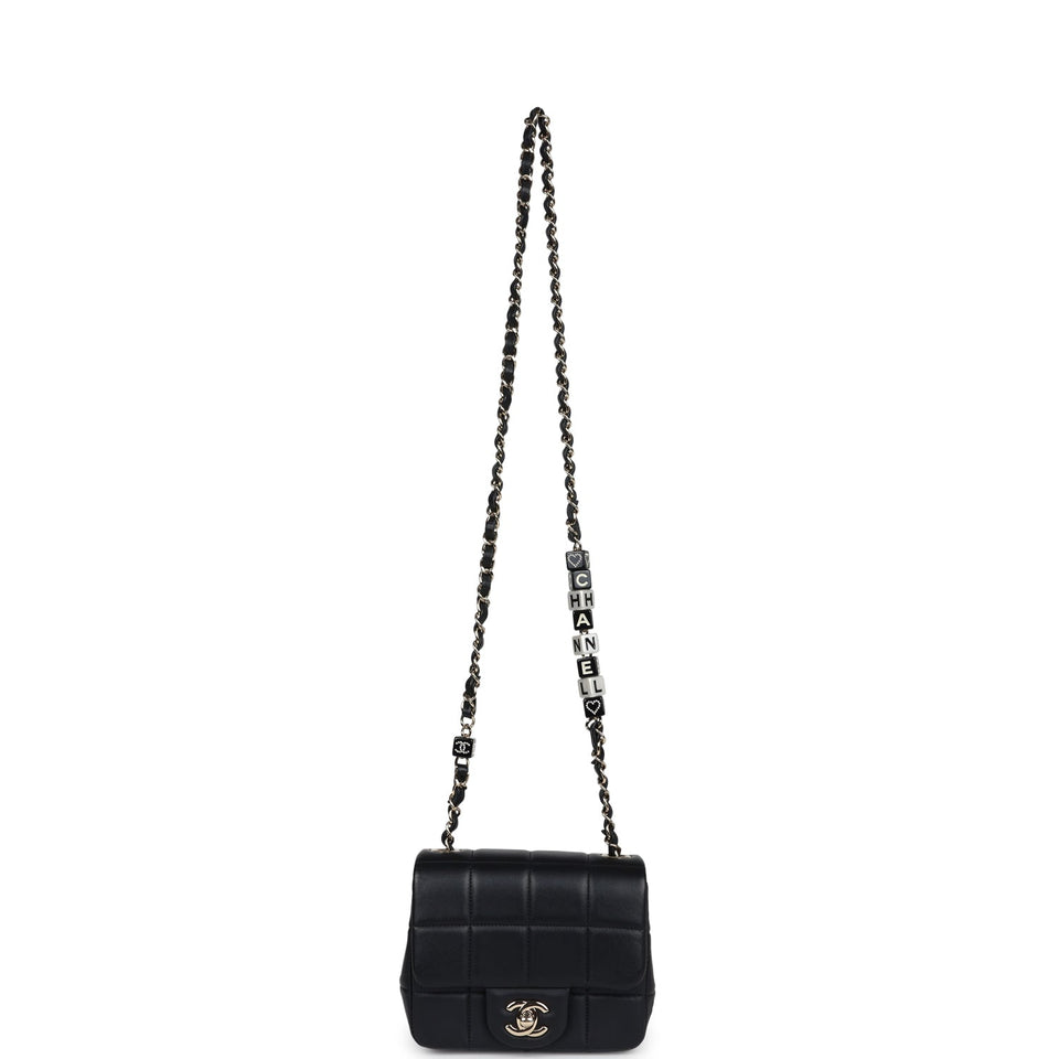 Chanel Monaco Mini Square Flap Bag Black Lambskin Light Gold Hardware