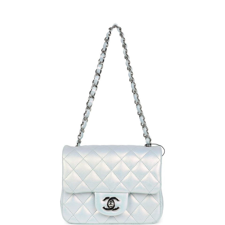 Chanel Mini Classic Square Flap Bag Blue Iridescent Calfskin Silver Hardware