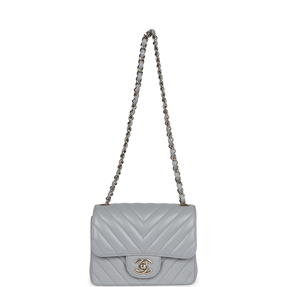 Chanel Mini Chevron Square Flap Bag Light Grey Lambskin Light Gold Hardware