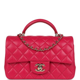 Chanel Mini Top Handle Rectangular Flap Bag Fuchsia Lambskin Light Gold Hardware