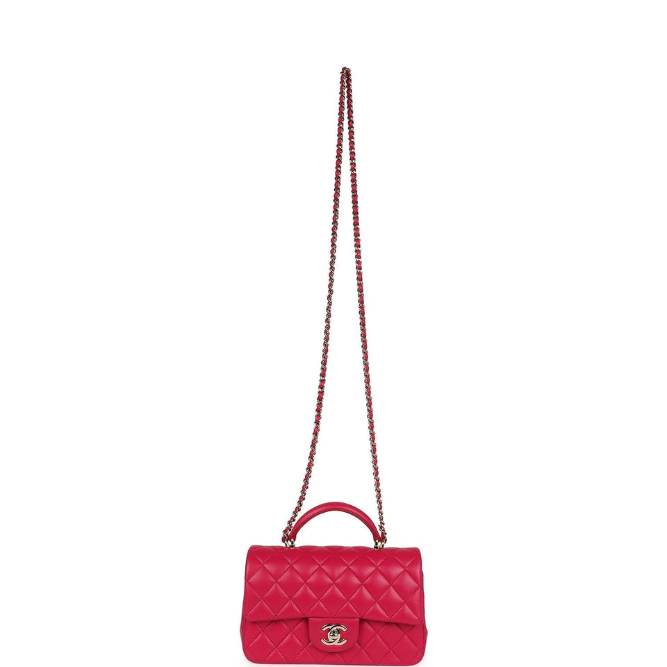 Chanel Mini Top Handle Rectangular Flap Bag Fuchsia Lambskin Light Gold Hardware