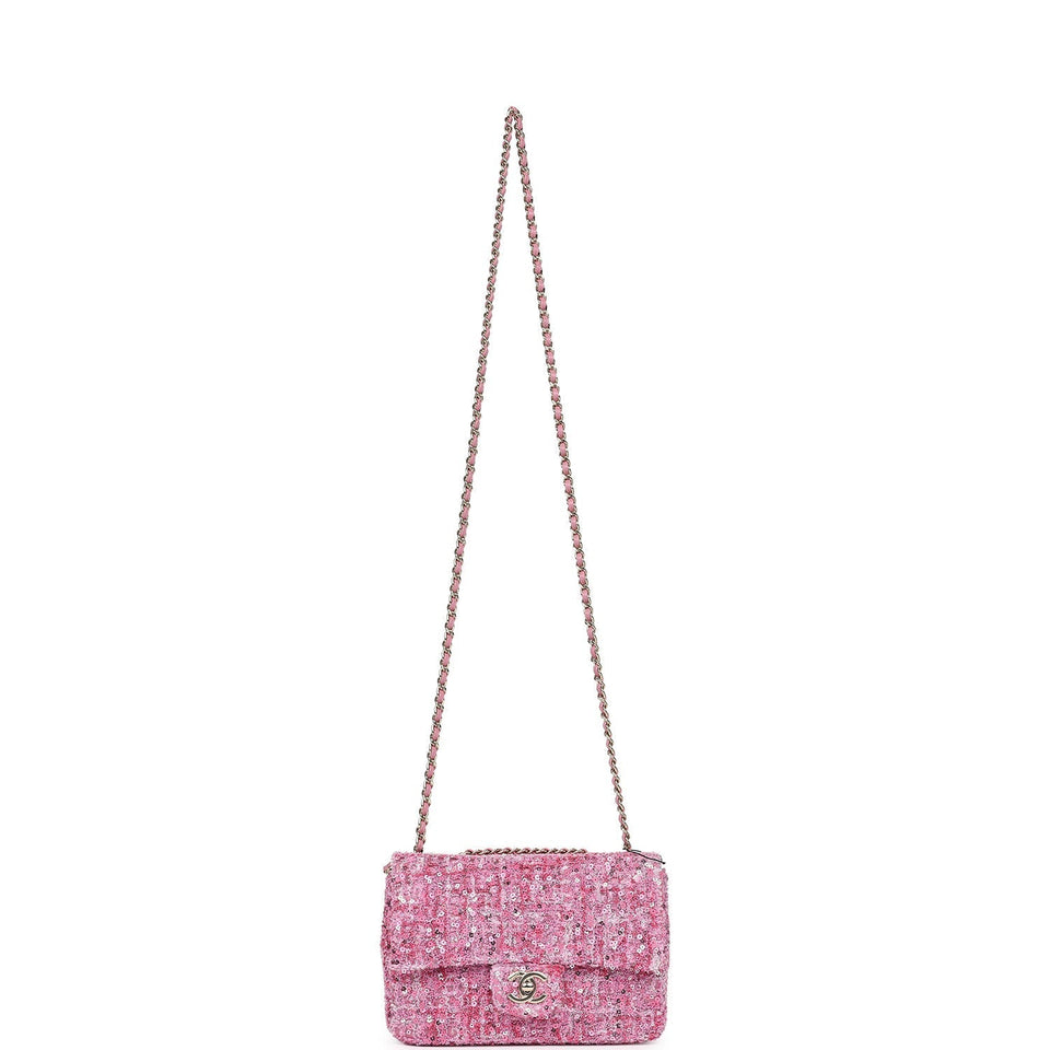 Chanel Mini Classic Rectangular Flap Bag Pink Tweed and Sequin Gold Hardware