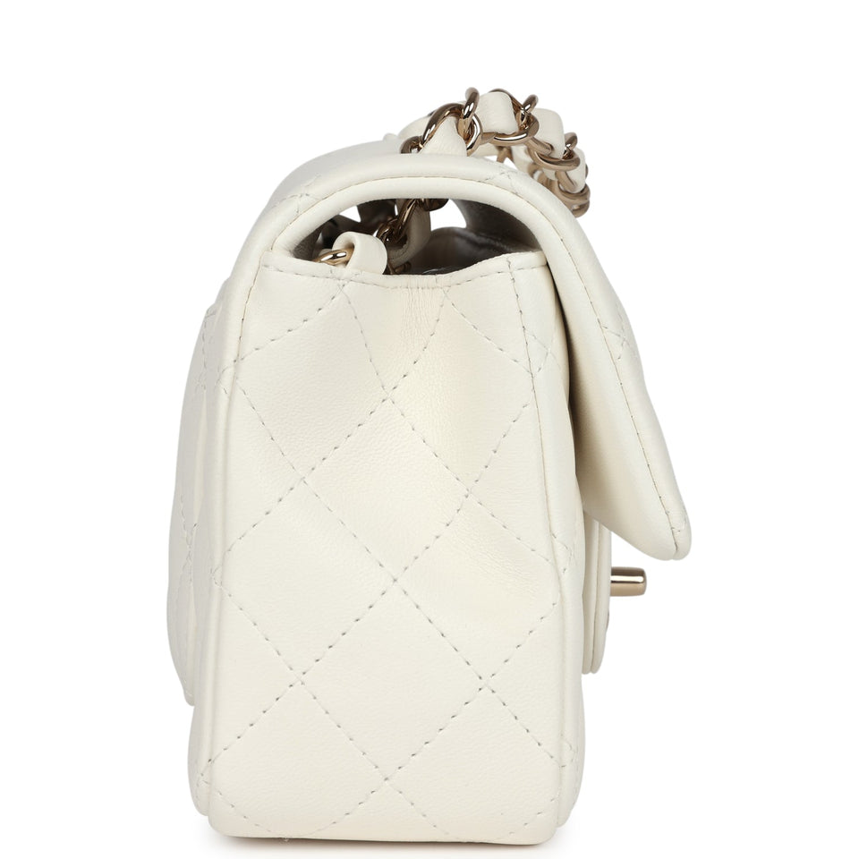 Chanel Mini Rectangular Flap Bag White Lambskin Light Gold Hardware