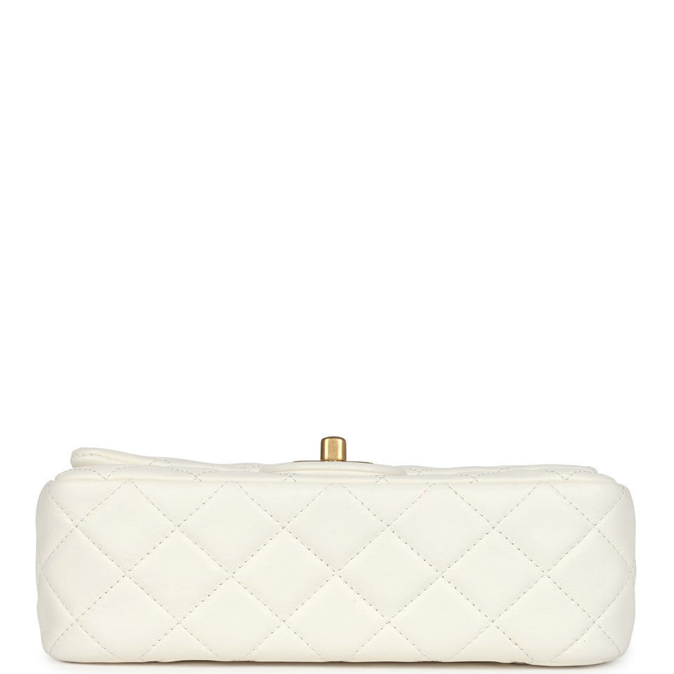 Chanel Mini Square Pearl Crush Flap Bag White Lambskin Antique Gold Hardware