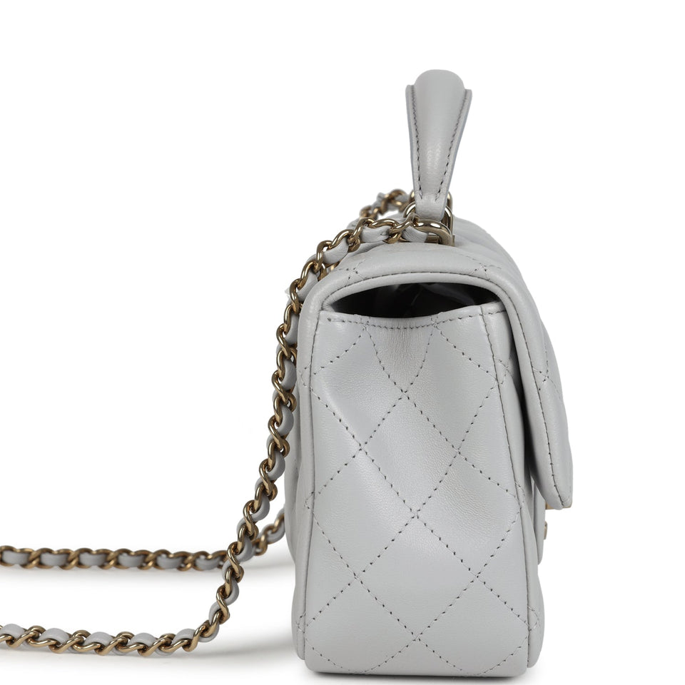 Chanel Mini Rectangular Flap Bag with Top Handle Light Grey Lambskin Light Gold Hardware