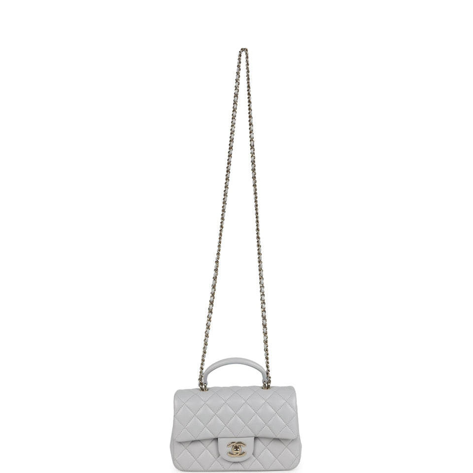 Chanel Mini Rectangular Flap Bag with Top Handle Light Grey Lambskin Light Gold Hardware