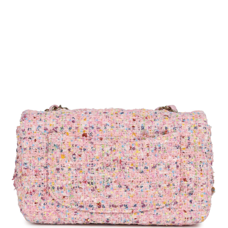Chanel Mini Classic Rectangular Flap Bag Pink Tweed and Sequin Light Gold Hardware