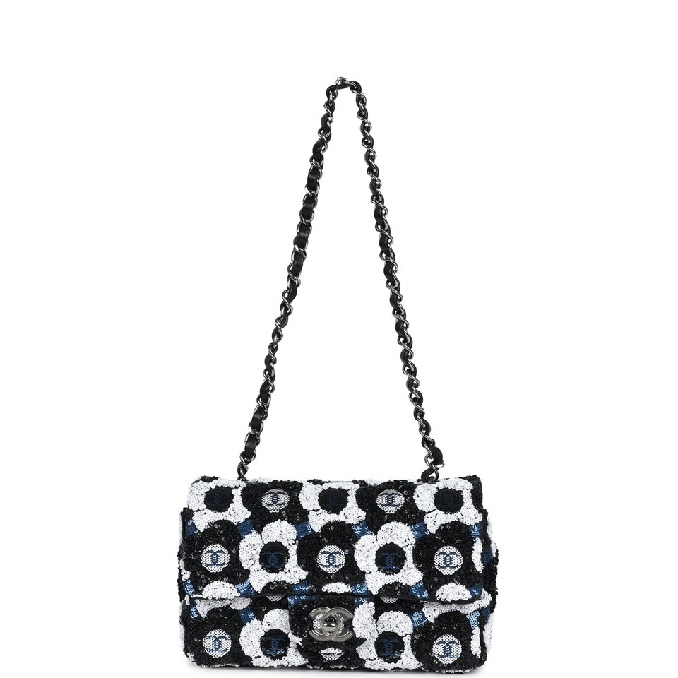 Chanel Mini Rectangular Flower Flap Bag Black, Navy and White Sequin Ruthenium Hardware