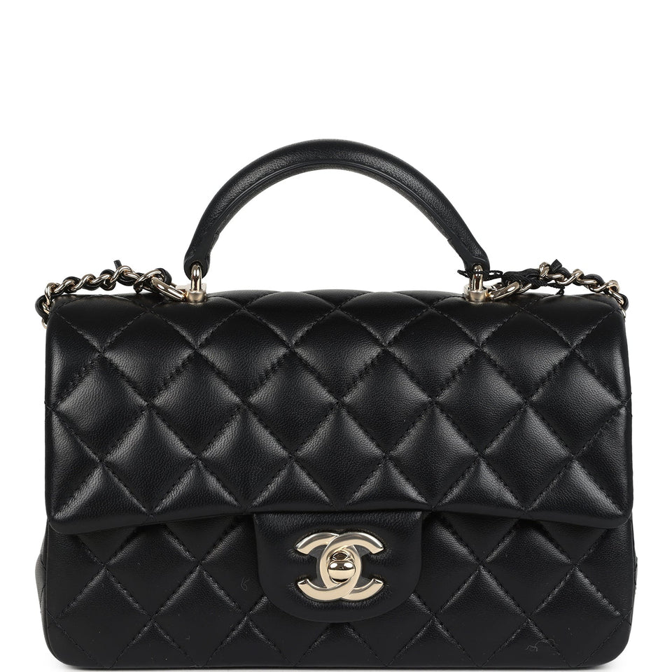 Chanel Mini Rectangular Top Handle Flap Bag Black Lambskin Light Gold Hardware
