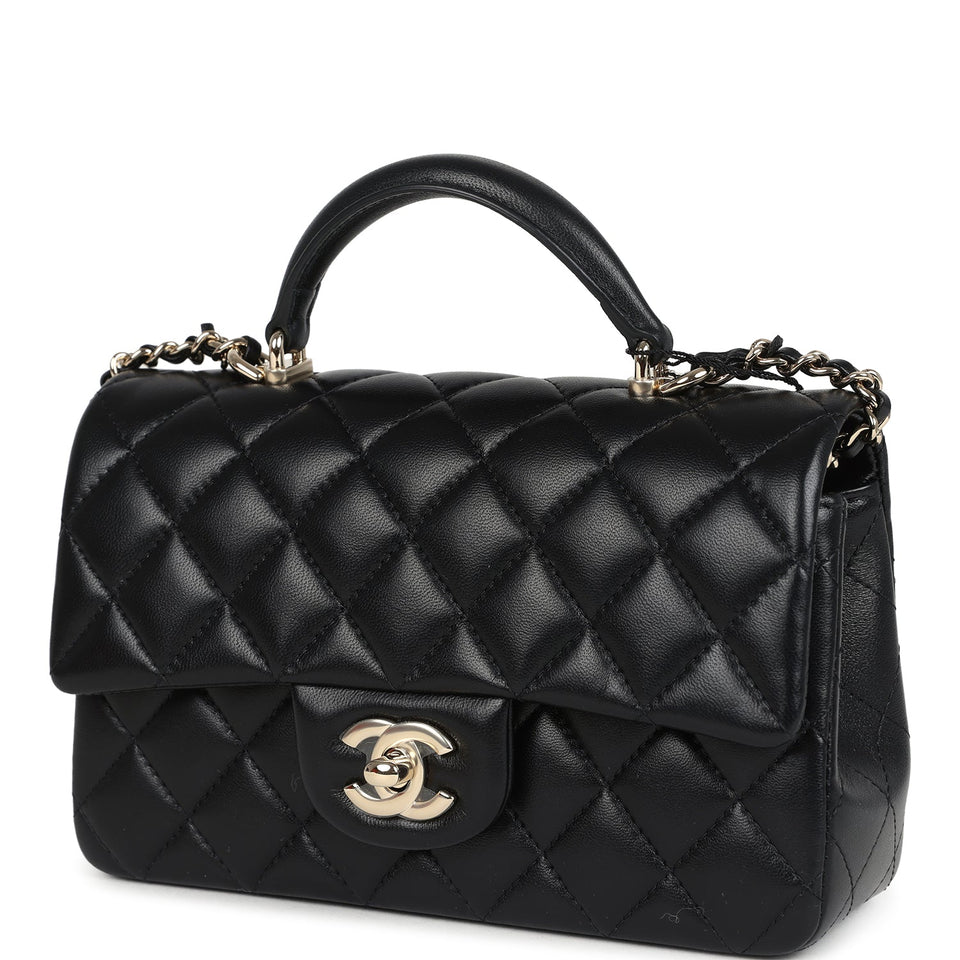 Chanel Mini Rectangular Top Handle Flap Bag Black Lambskin Light Gold Hardware