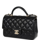 Chanel Mini Rectangular Top Handle Flap Bag Black Lambskin Light Gold Hardware