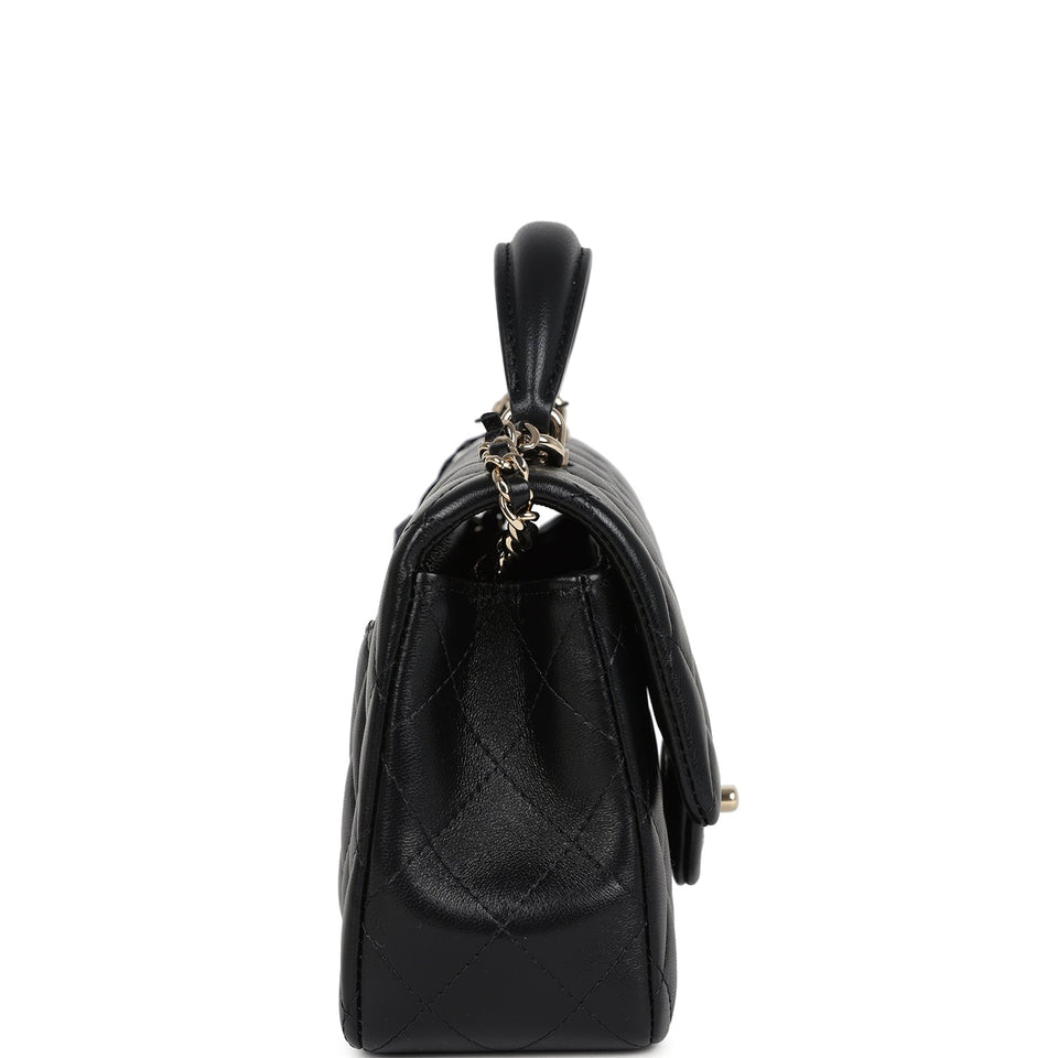 Chanel Mini Rectangular Top Handle Flap Bag Black Lambskin Light Gold Hardware